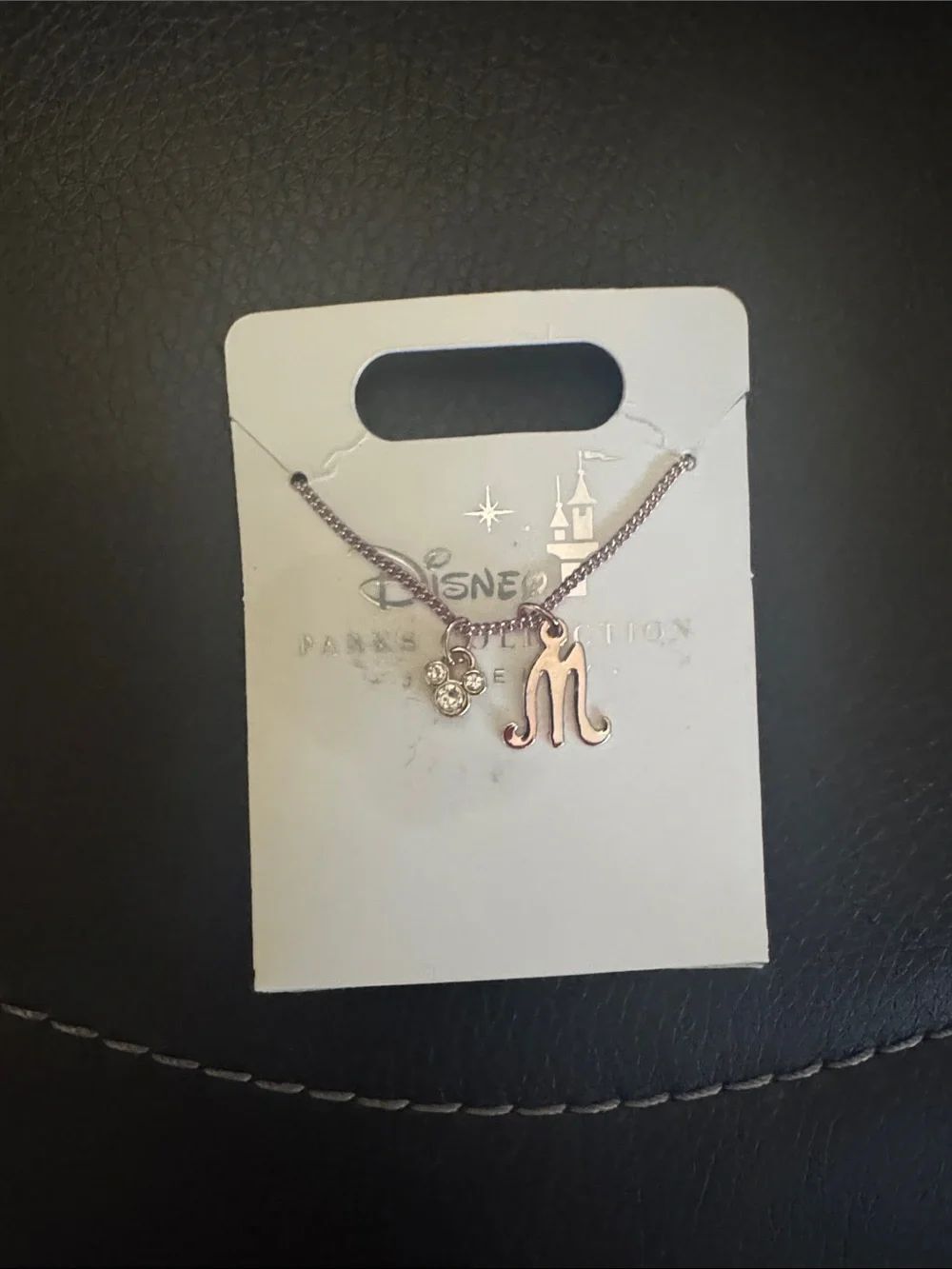 Disney Gold Script 'M' Necklace with Rhinestone Mickey Charm NWT
